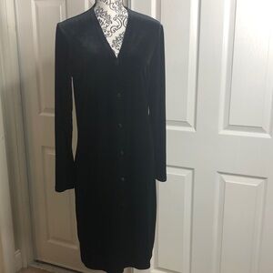 DKNY Dress Y2K Black Velour Long Sleeve Button Down Dress Side Slits M
